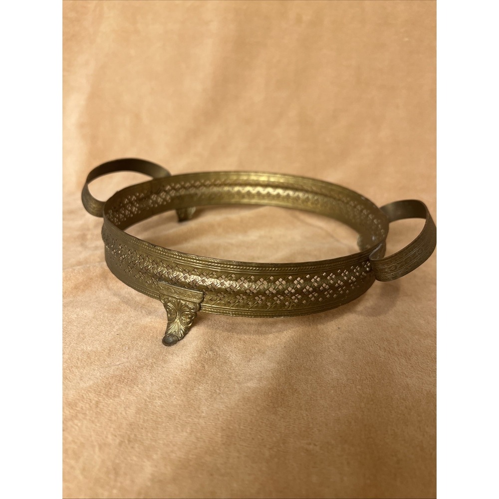 Vintage Ornate Brass Circular footed rim stand antique scroll cut handled holder